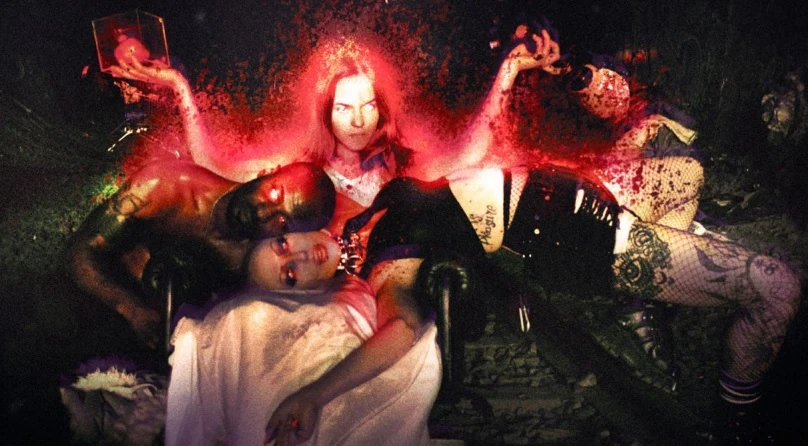 A mystical scene with a woman in red surrounded by shadowy figures and ancient artifacts, bathed in crimson light