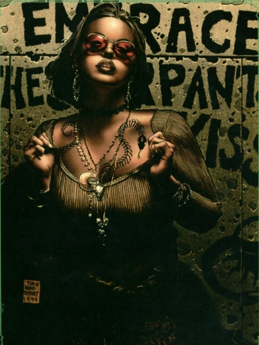 A captivating portrait of a woman with serpentine aesthetic, wearing sunglasses and jewelry, standing against a textured backdrop with the words 'EMBRACE' and 'WE PANIC' partially visible
